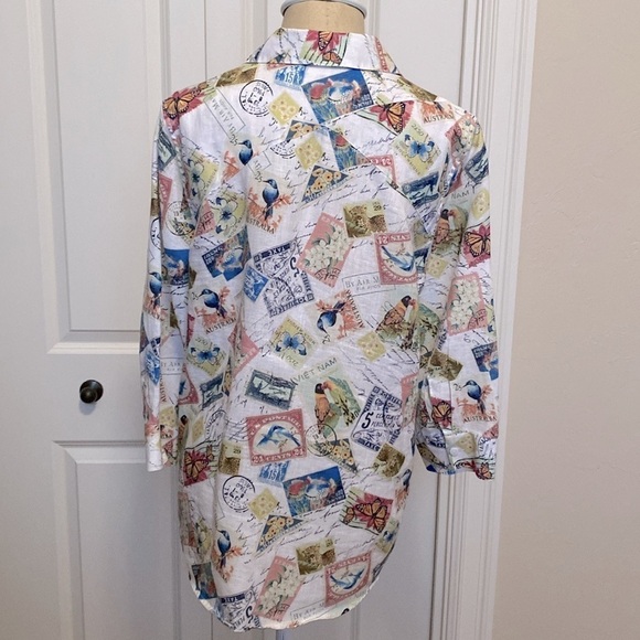 Vintage Chico’s Linen Button Down Blouse Womens S Bird Stamp Novelty Print shirt - Picture 2 of 10